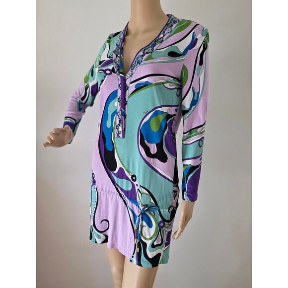 Emilio Pucci Purple Multicolor Signature Print long-sleeved dress 10 sz - Picture 9 of 16